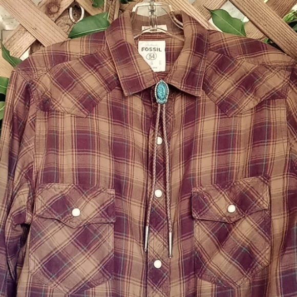 Fossil Western Shirt 100% Cotton Long Sleeve, Size S Plaid, Pearl Snaps Like New - Picture 1 of 9